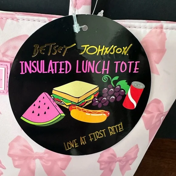 Betsey Johnson Pink and White Insulated Lunch Tote with Bow Pattern - Picture 9 of 9